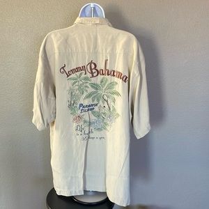 Men’s Tommy Bahama camp shirt with embroidered design on back